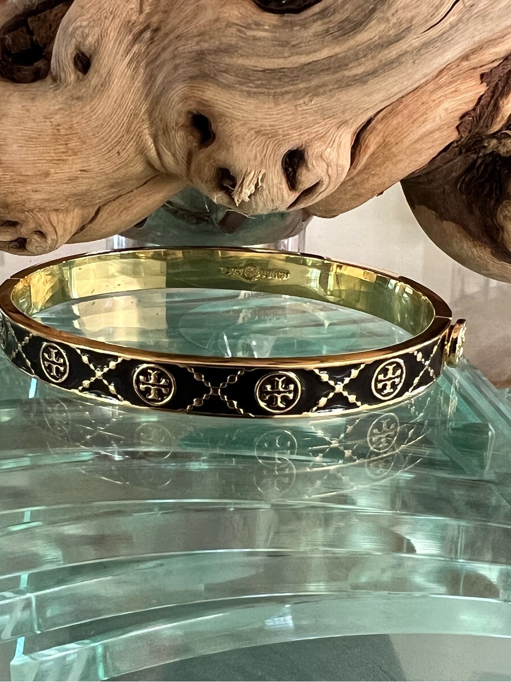Tory Burch Black and Gold Logo Enamel Bangle